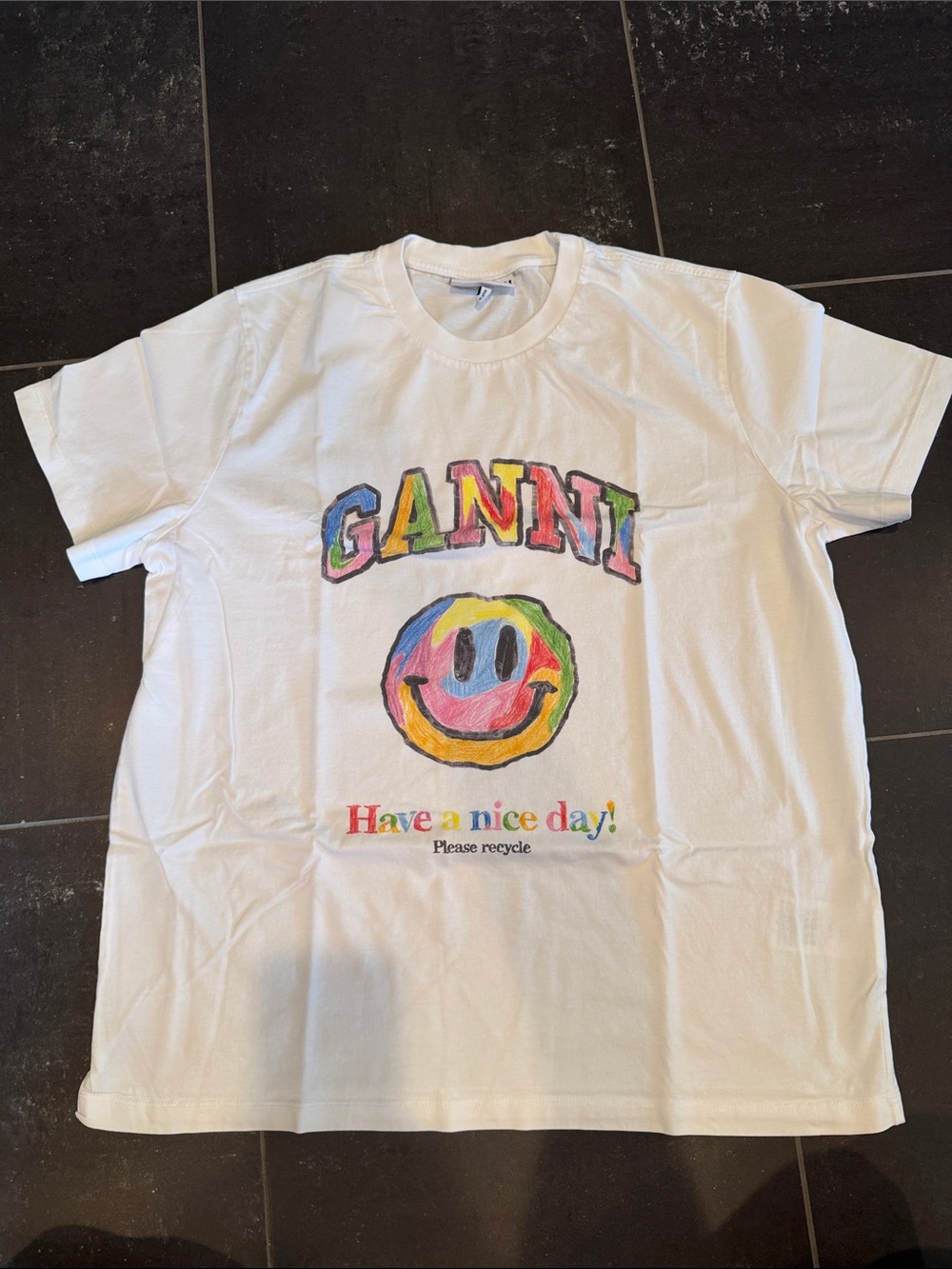 Ganni White Short Sleeve Tee with Multicolor Smiley Graphic size M